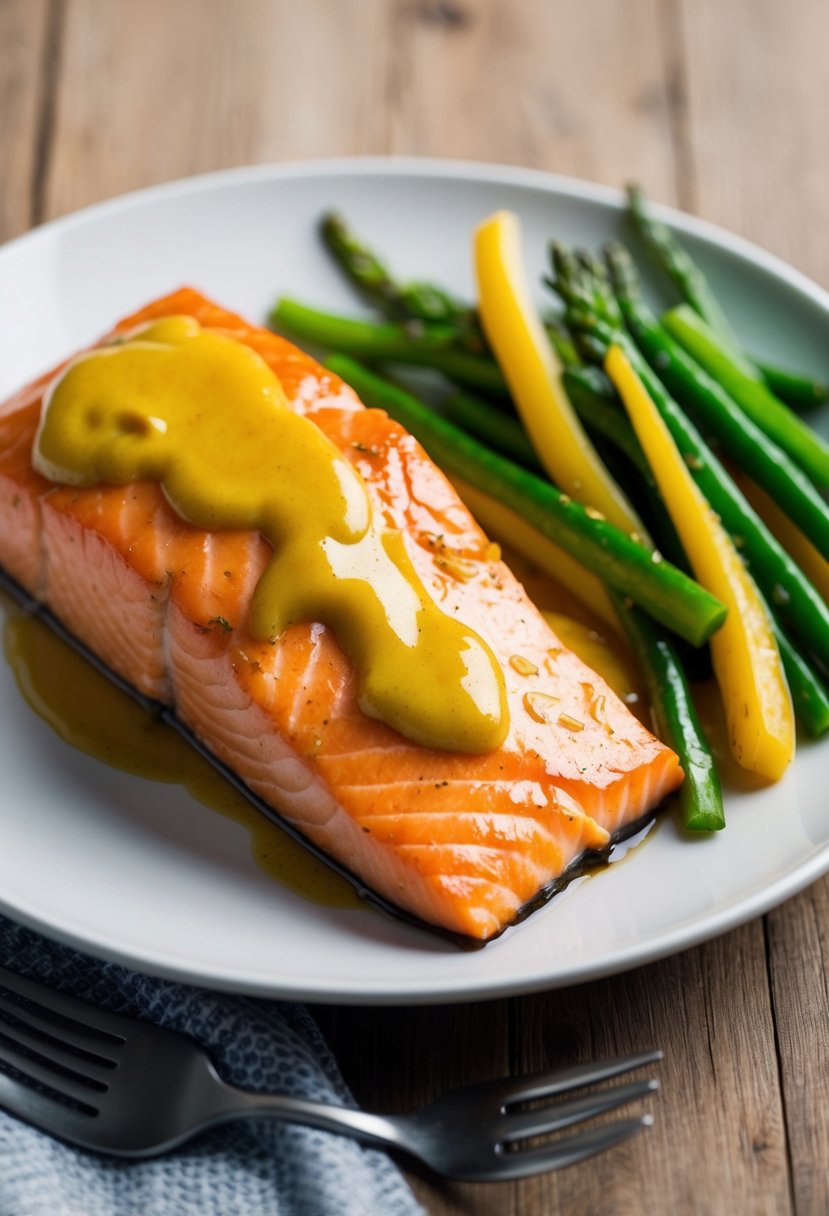 A succulent salmon fillet glazed in golden honey mustard, served with a side of steamed vegetables on a white plate