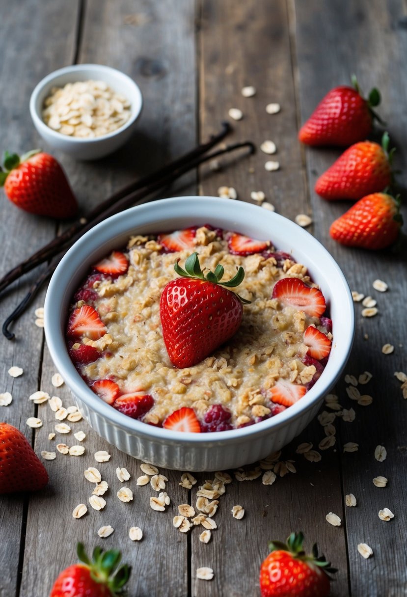 A rustic kitchen table with a fresh baked strawberry vanilla oatmeal dish, surrounded by scattered oats, vanilla beans, and ripe strawberries