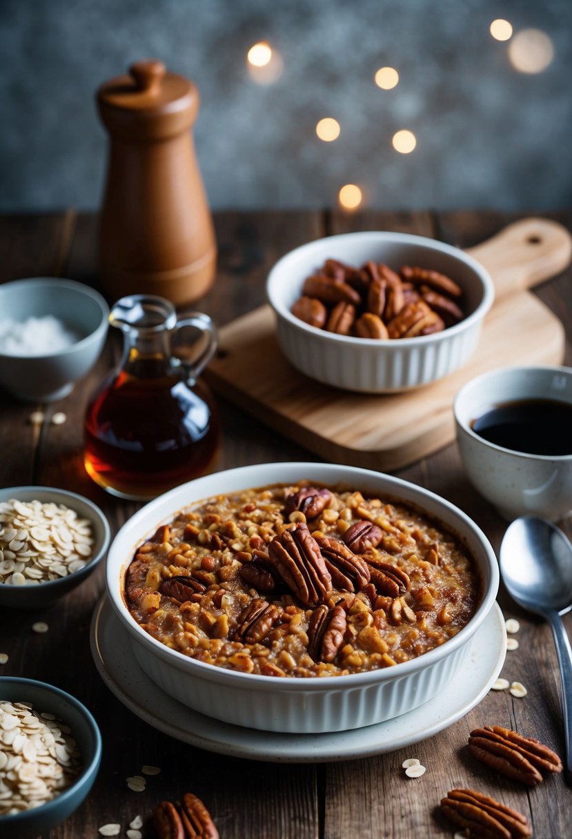 A rustic kitchen table with a freshly baked maple pecan oatmeal dish surrounded by ingredients like oats, maple syrup, and pecans