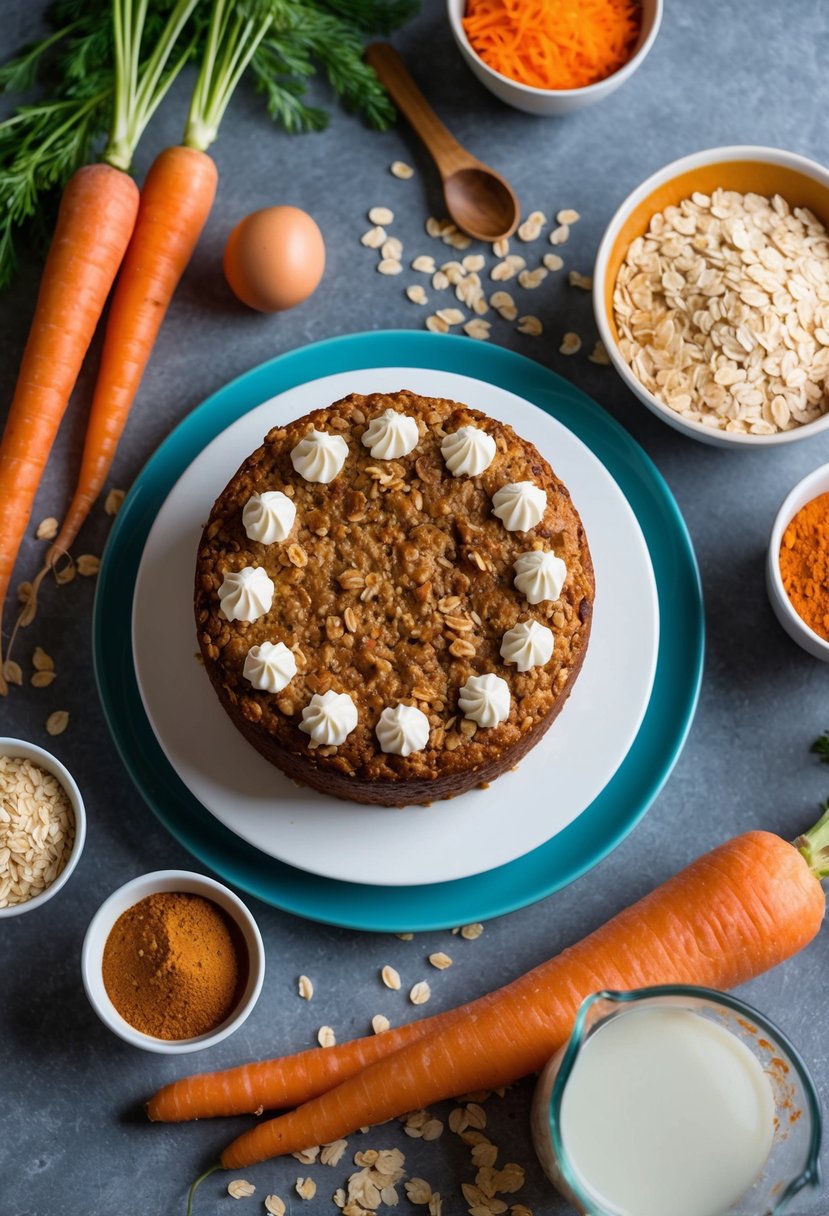 A table set with a freshly baked carrot cake baked oatmeal, surrounded by ingredients like carrots, oats, and spices