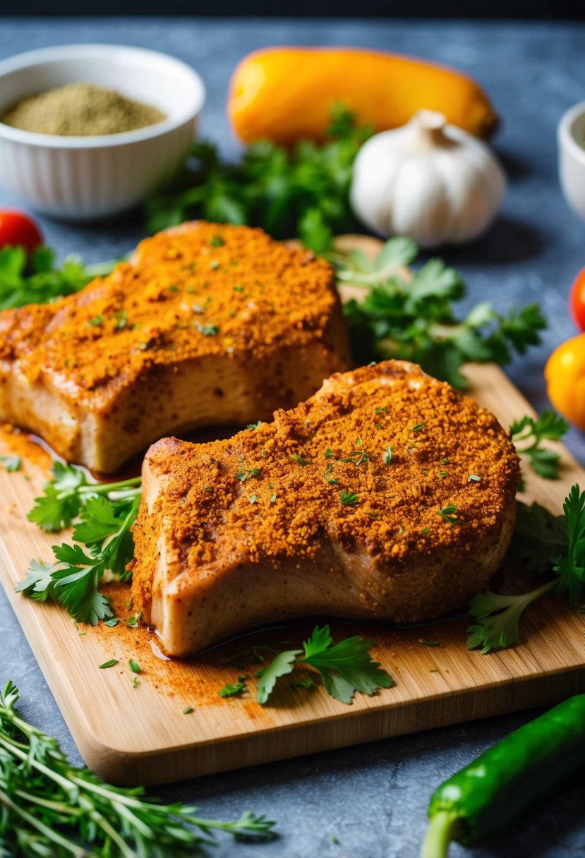 Pork chops covered in Cajun spice rub, surrounded by fresh herbs and vegetables on a cutting board