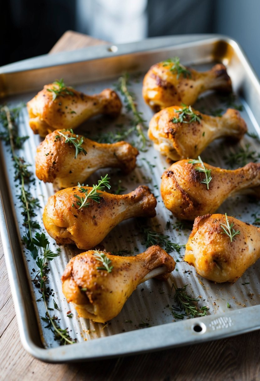 Drumsticks arranged on a baking tray with herbs and spices, ready to be placed in the oven