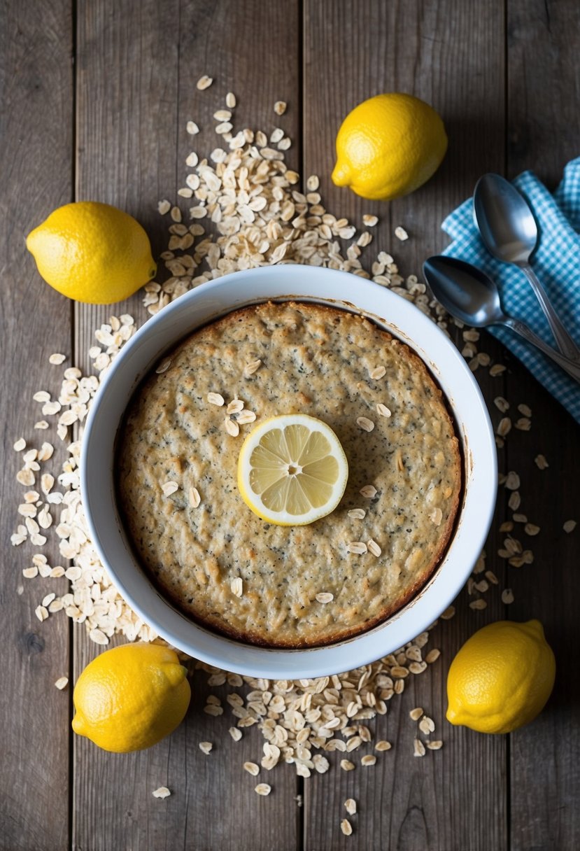 A rustic kitchen table with a freshly baked lemon poppy seed baked oatmeal surrounded by scattered oats and a few lemons