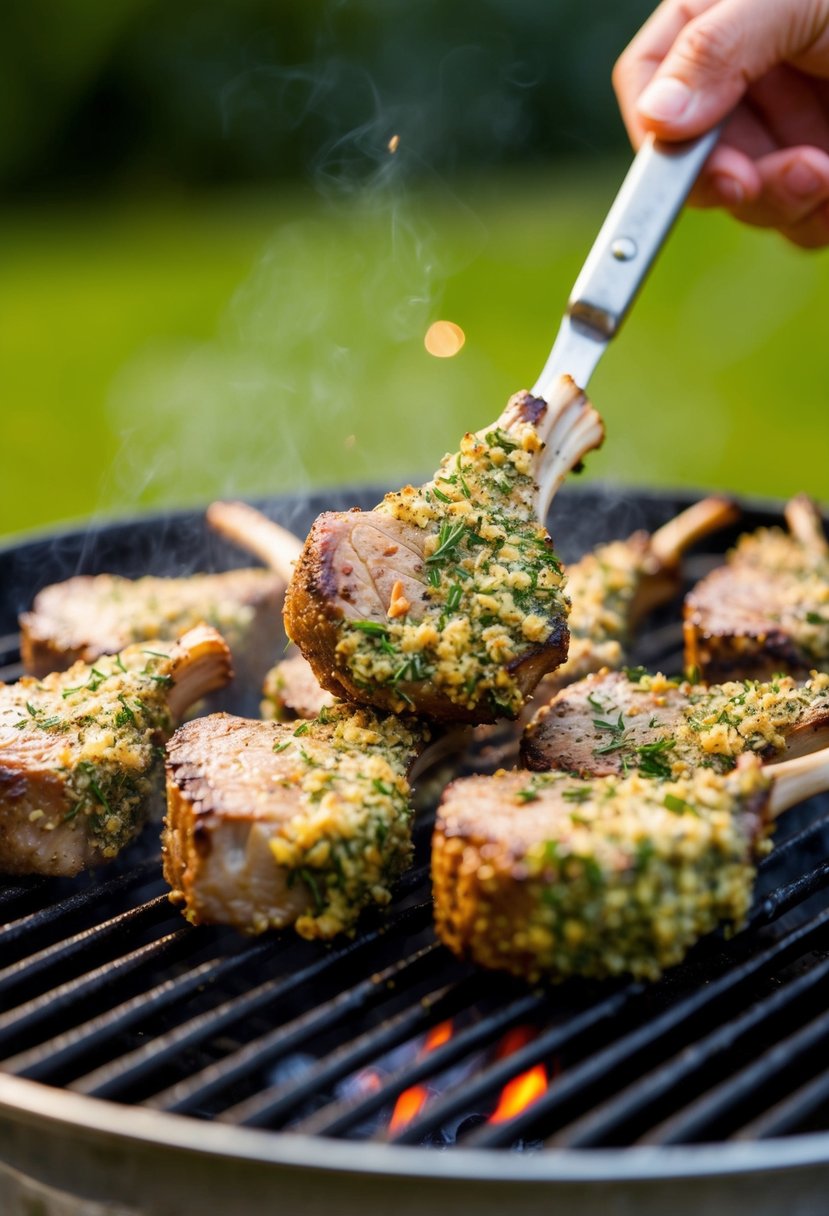 Juicy lamb chops coated in a fragrant herb crust, sizzling on a hot grill