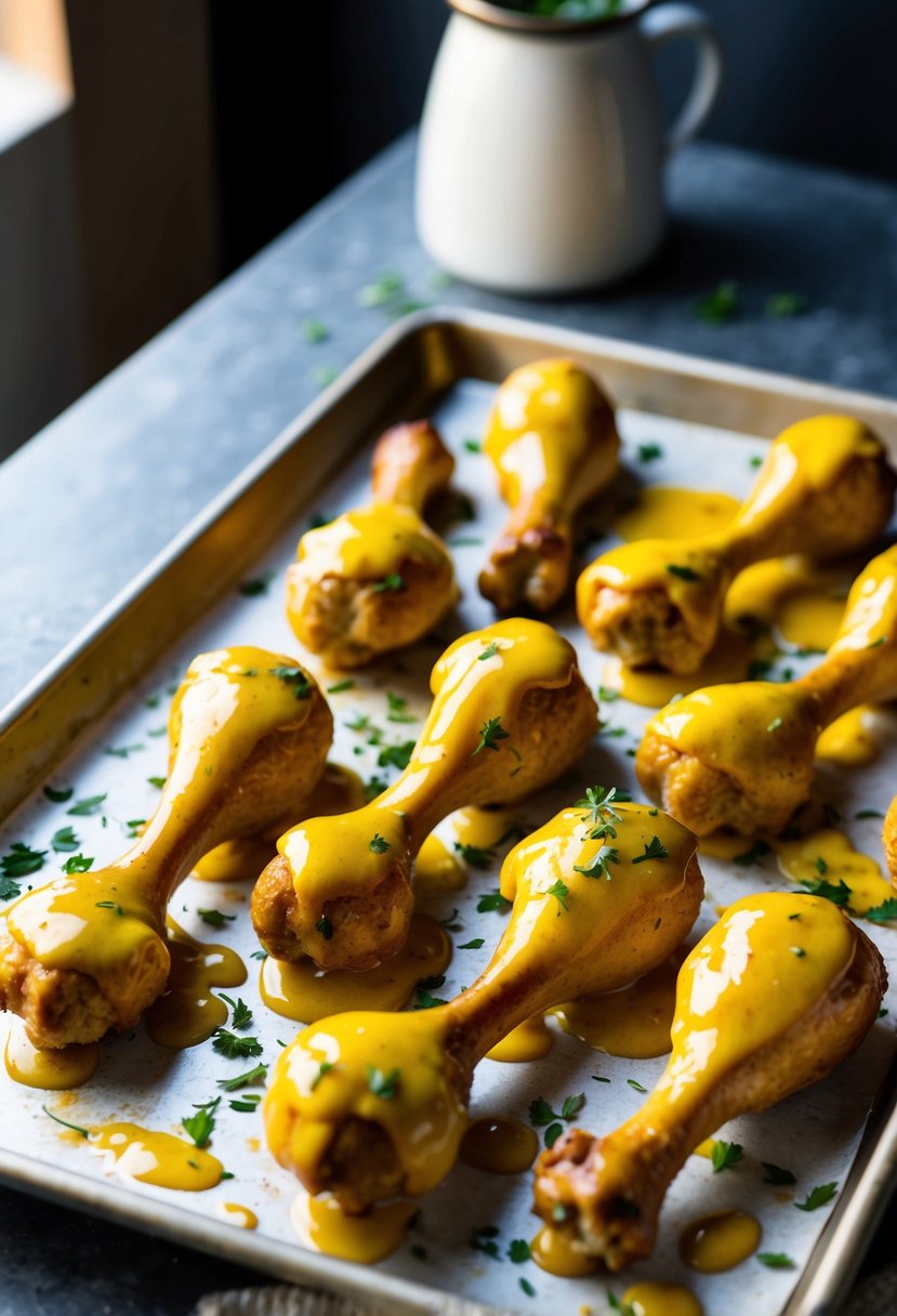 Golden drumsticks coated in honey mustard glaze, arranged on a baking sheet with a sprinkle of herbs