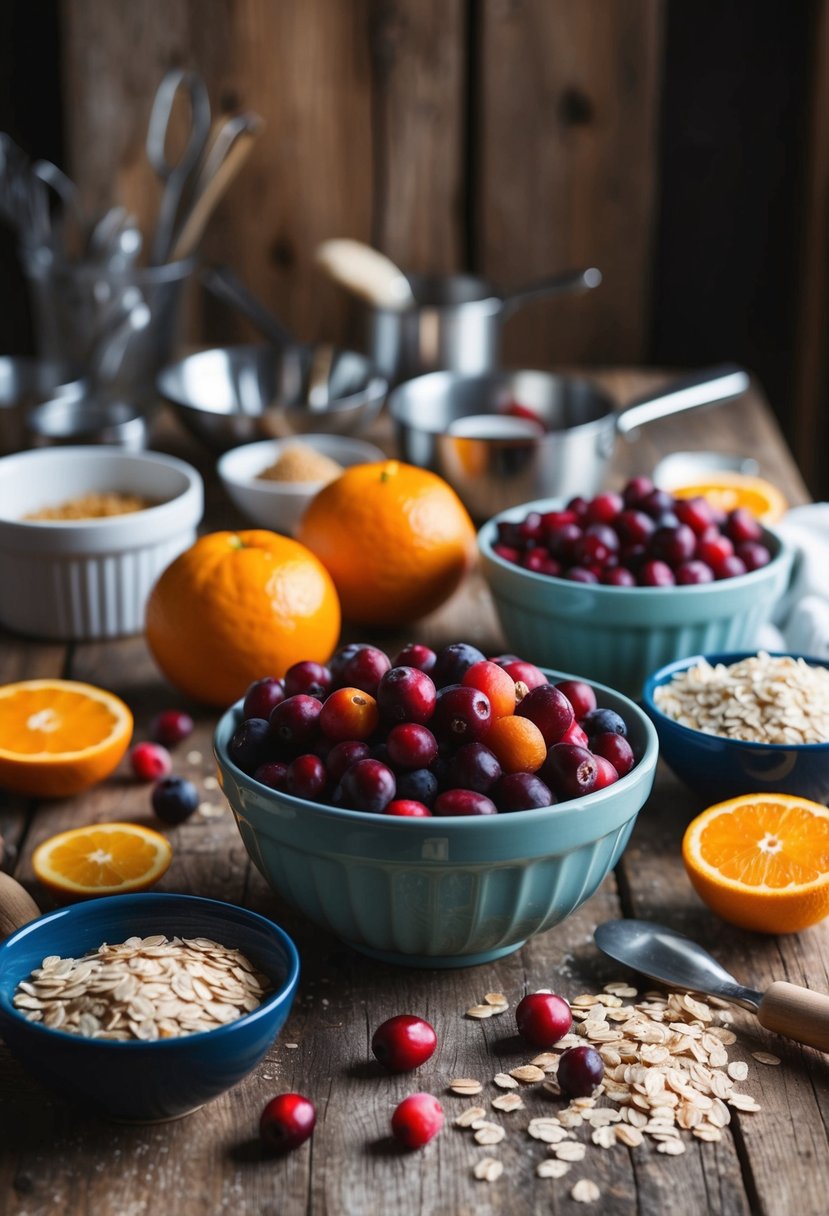 A rustic kitchen table set with a colorful bowl of cranberries, oranges, and oats, surrounded by baking ingredients and utensils