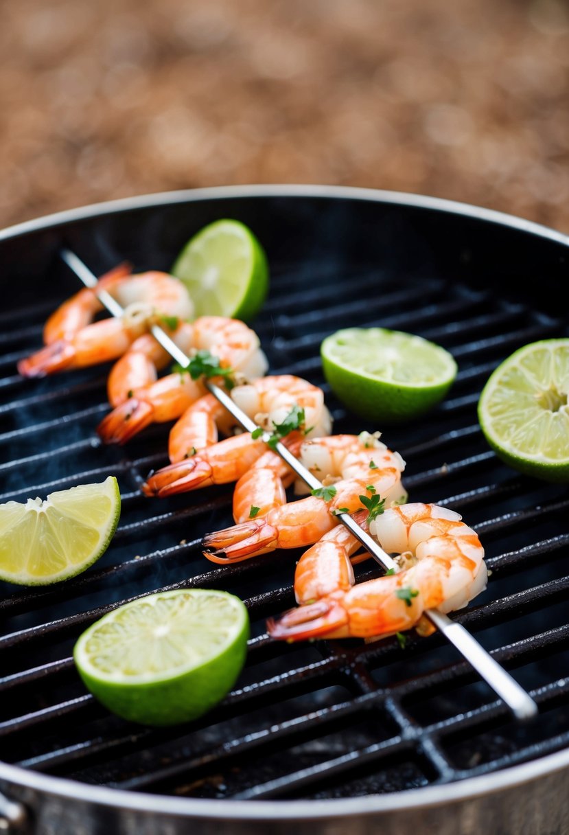 Fresh shrimp skewered with garlic and lime, sizzling on a hot grill