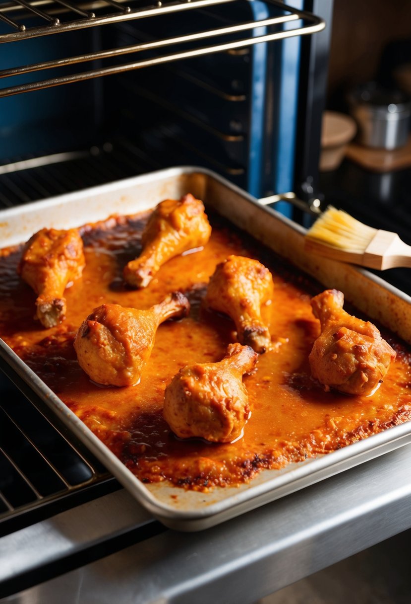 Buffalo drumsticks sizzling in the oven, coated in spicy sauce, with a golden brown crust. A baking tray with a few drumsticks, and a brush for basting