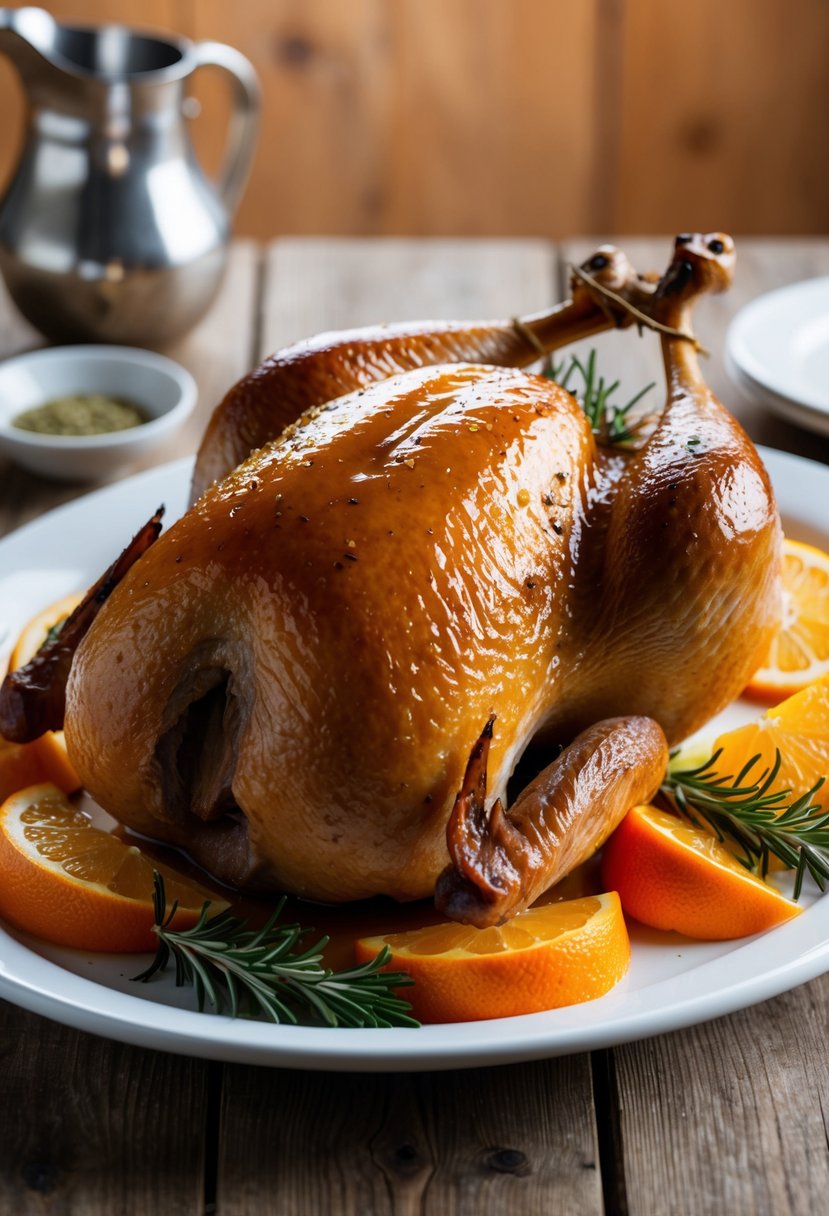 A golden brown roast duck sits on a platter, glistening with a shiny orange glaze. The meat is tender and juicy, surrounded by slices of fresh oranges and sprigs of rosemary