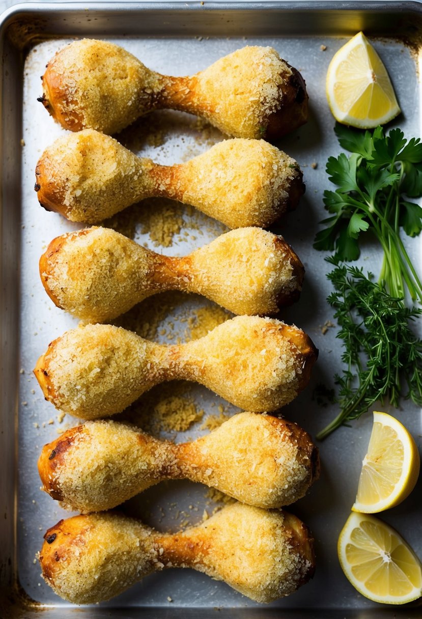 Golden-brown drumsticks coated in a garlic parmesan crust, arranged on a baking sheet with a side of fresh herbs and lemon wedges