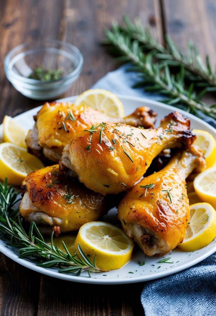 A platter of golden-brown oven-baked drumsticks, glistening with a lemon herb-infused glaze, surrounded by sprigs of fresh rosemary and sliced lemons