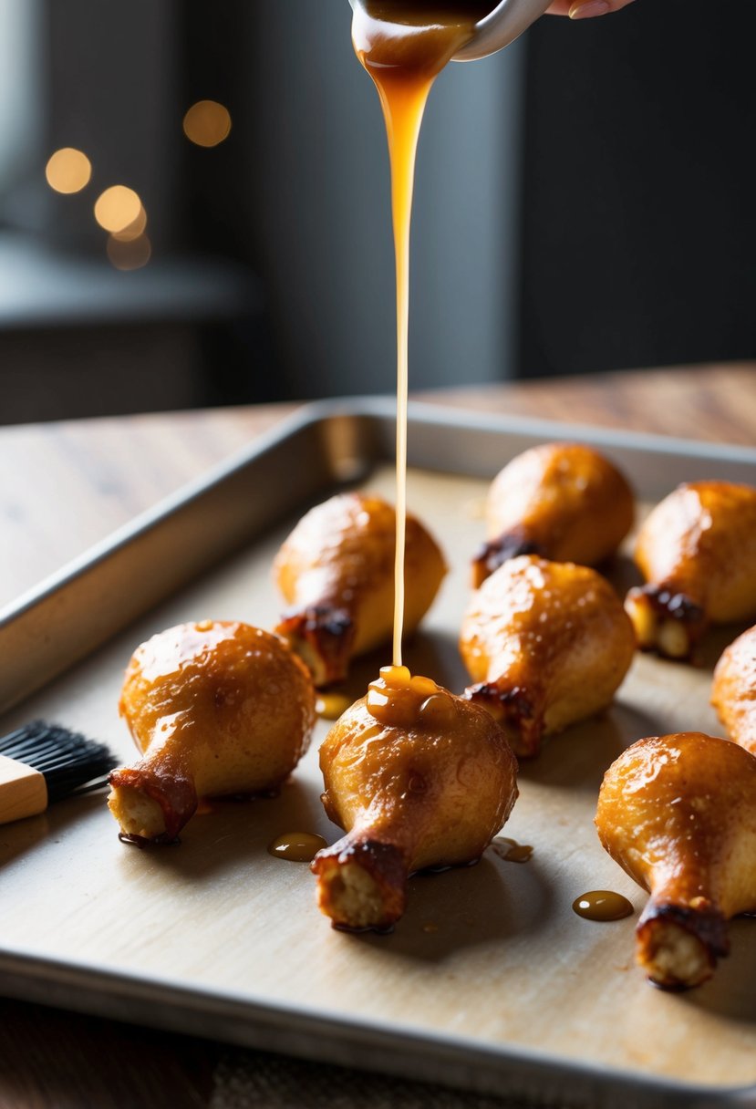 Maple glaze drips over golden brown drumsticks on a baking tray. A brush sits nearby