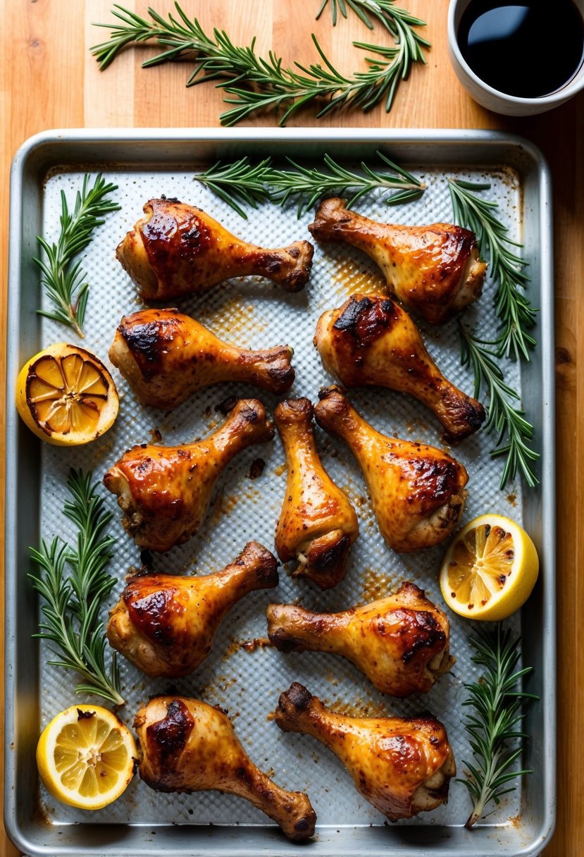 A baking sheet lined with golden brown BBQ baked drumsticks, surrounded by sprigs of fresh rosemary and wedges of charred lemon