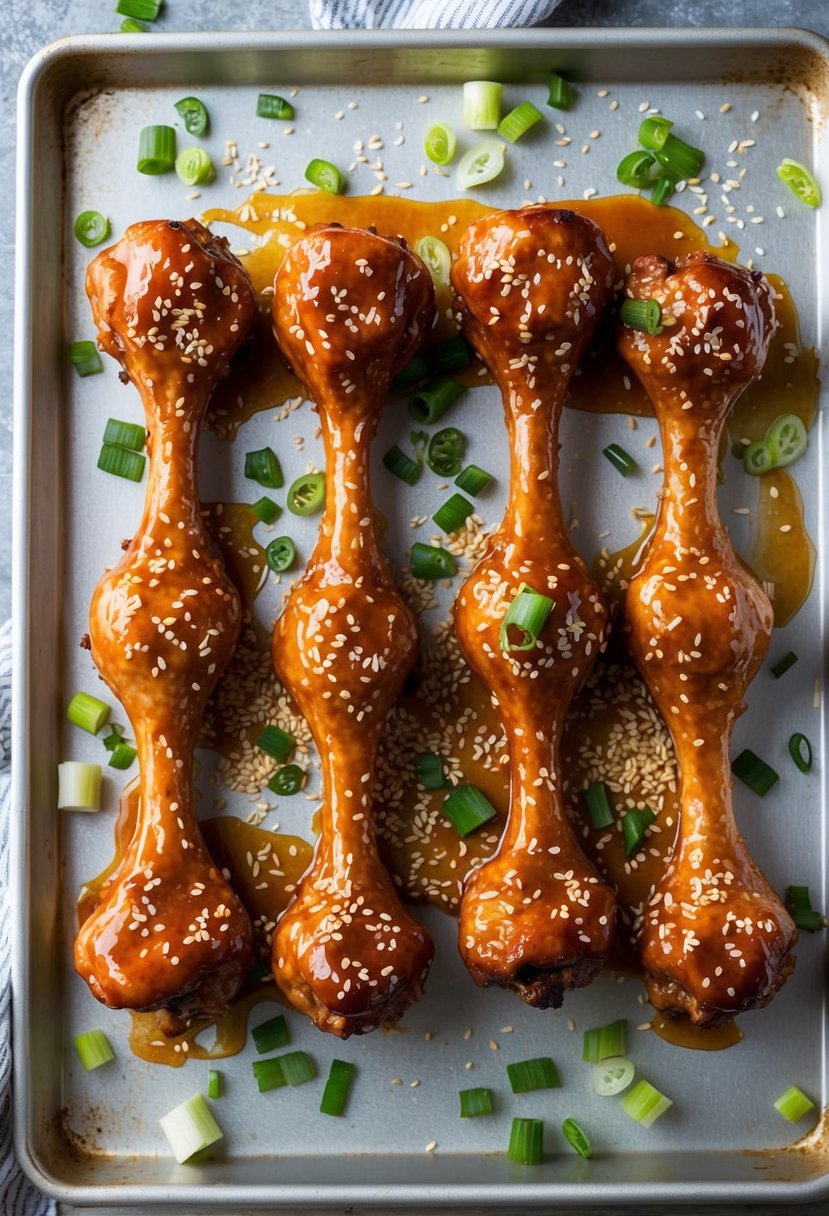 Teriyaki drumsticks arranged on a baking sheet, brushed with glaze, surrounded by scattered sesame seeds and chopped green onions