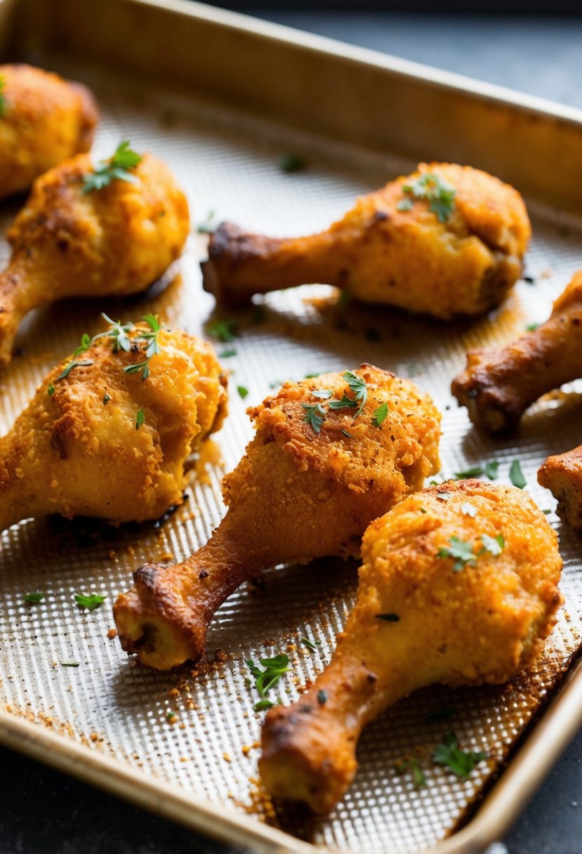 A baking sheet lined with golden, crispy Cajun drumsticks fresh out of the oven, with a sprinkle of herbs on top