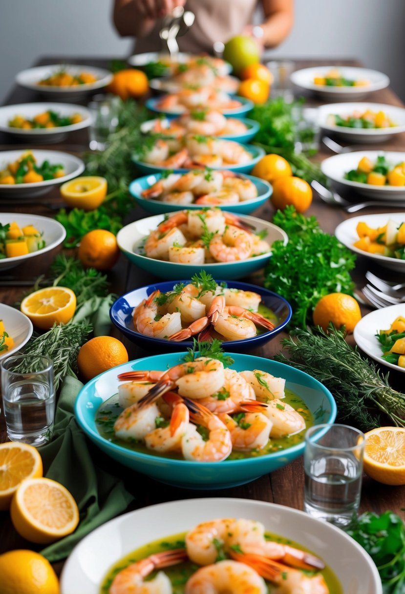 A table set with a colorful array of Mediterranean shrimp dishes, surrounded by fresh herbs and citrus fruits