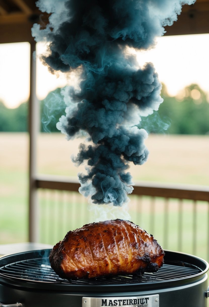 A plume of smoke rises from the Masterbuilt electric smoker, enveloping a perfectly cooked brisket with a caramelized crust