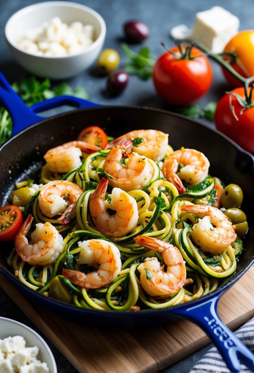 A sizzling skillet of garlic shrimp and zoodles, surrounded by colorful Mediterranean ingredients like tomatoes, olives, and feta cheese