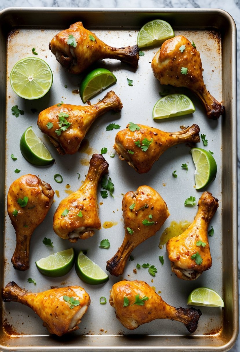 A baking sheet lined with chili lime marinated drumsticks, ready to be placed in the oven