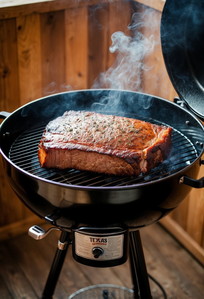 A large Texas-style smoked brisket sits on a smoking electric smoker, emitting a tantalizing aroma