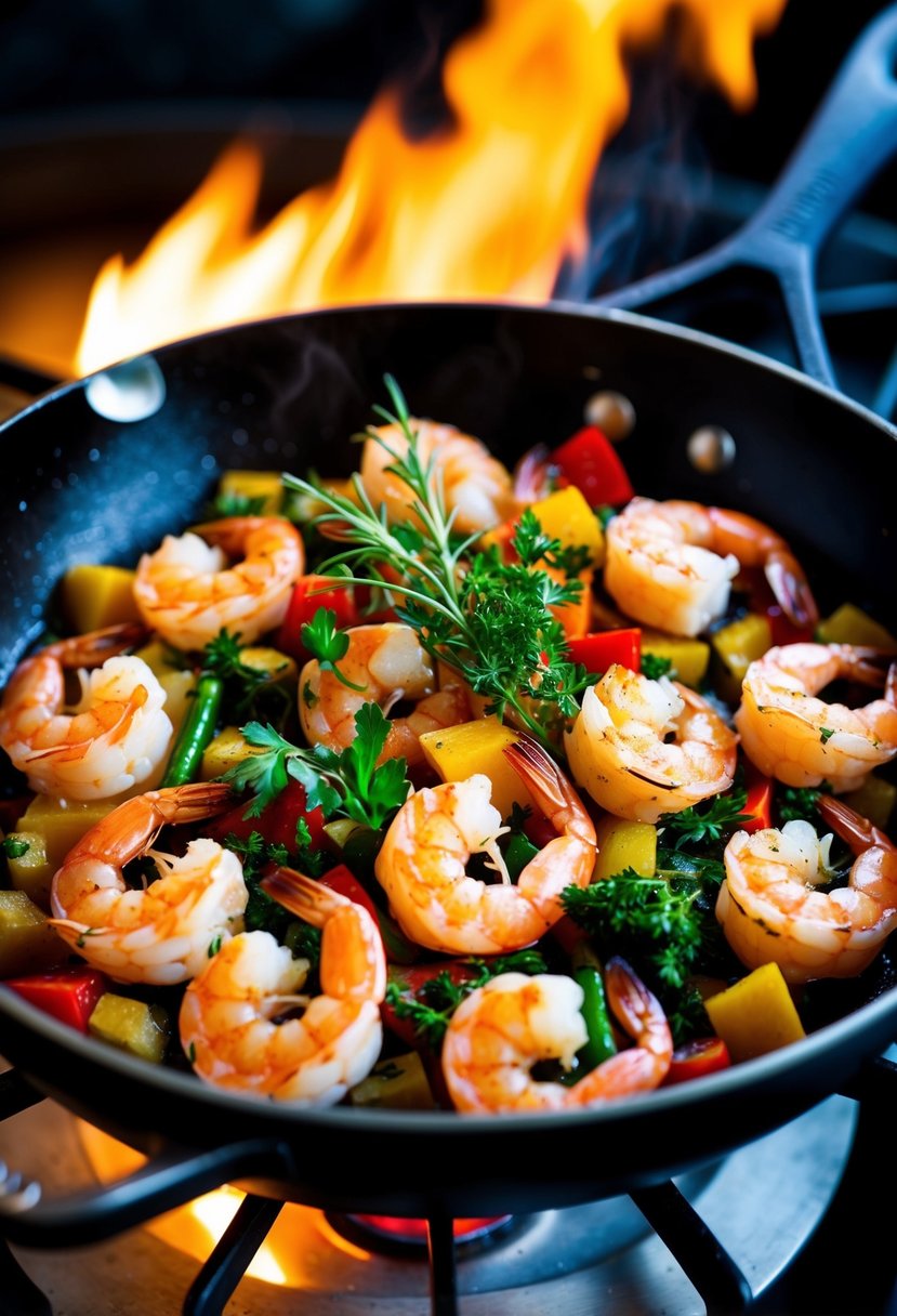 A sizzling skillet filled with succulent shrimp, colorful Mediterranean vegetables, and aromatic herbs cooking over a flame