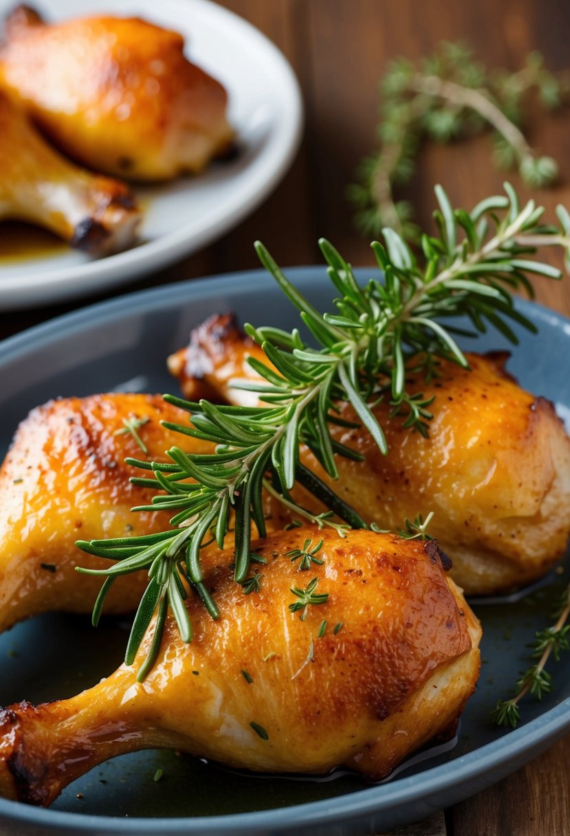 A pair of fresh rosemary and thyme sprigs resting on top of golden-brown oven-baked drumsticks