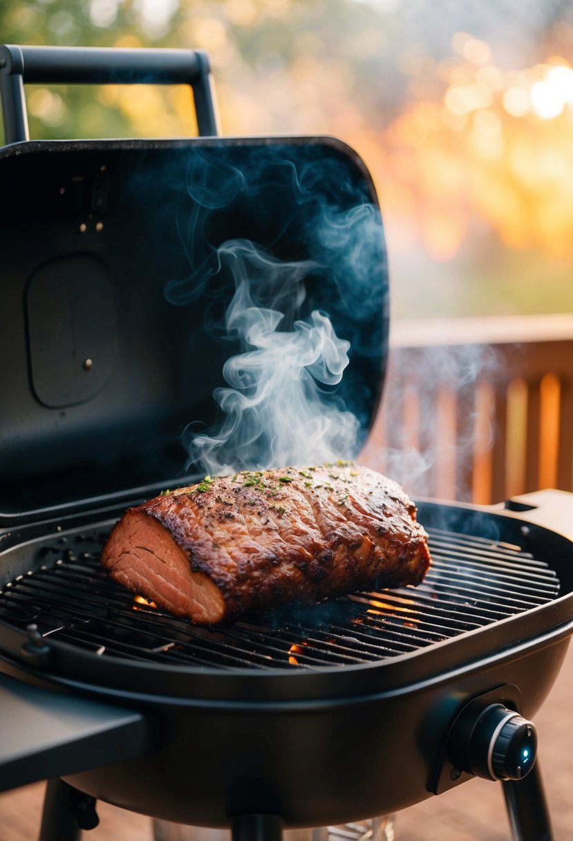 A juicy brisket sizzling on the grates of an electric smoker, surrounded by a cloud of aromatic smoke and a hint of spicy seasoning