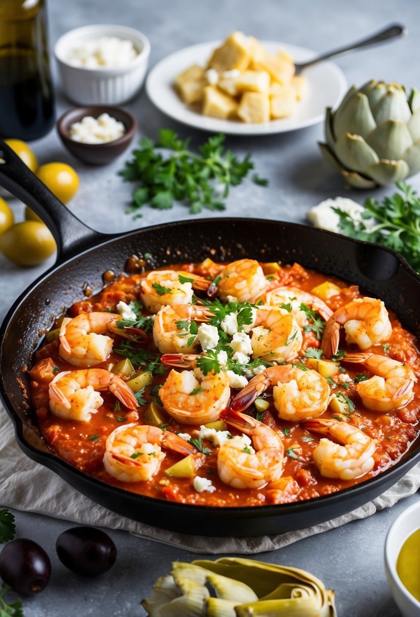 A sizzling skillet of shrimp in tomato sauce, topped with crumbled feta and fresh herbs, surrounded by Mediterranean ingredients like olives and artichokes