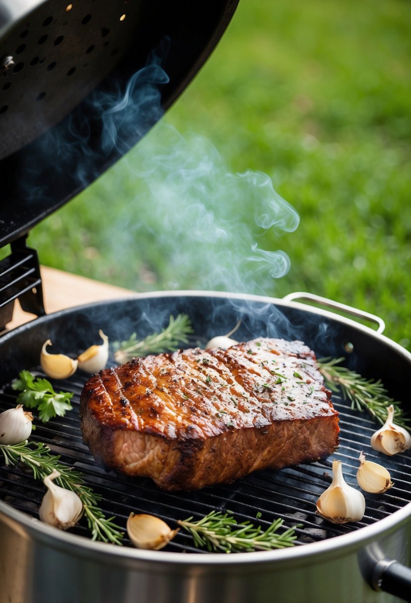 A juicy brisket sizzling on an electric smoker, surrounded by garlic cloves and fresh herbs, emitting a mouthwatering aroma