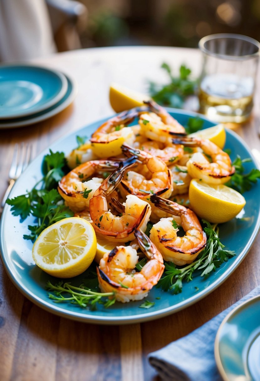 A platter of grilled shrimp with lemon slices and fresh herbs on a Mediterranean-style table setting