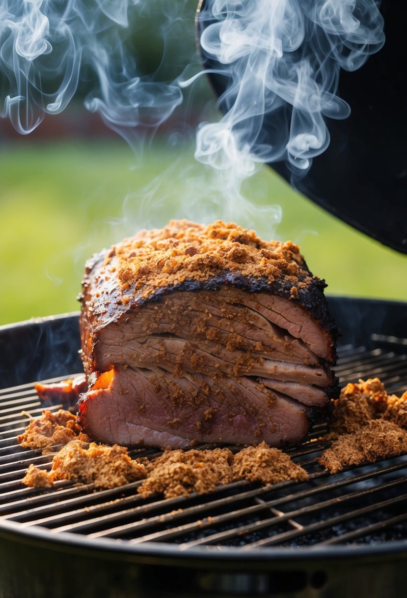 A juicy brisket covered in BBQ dry rub sits on the smoker rack, surrounded by billowing smoke