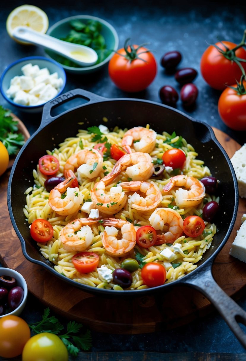 A sizzling skillet of Greek shrimp and orzo, surrounded by vibrant Mediterranean ingredients such as tomatoes, olives, and feta cheese