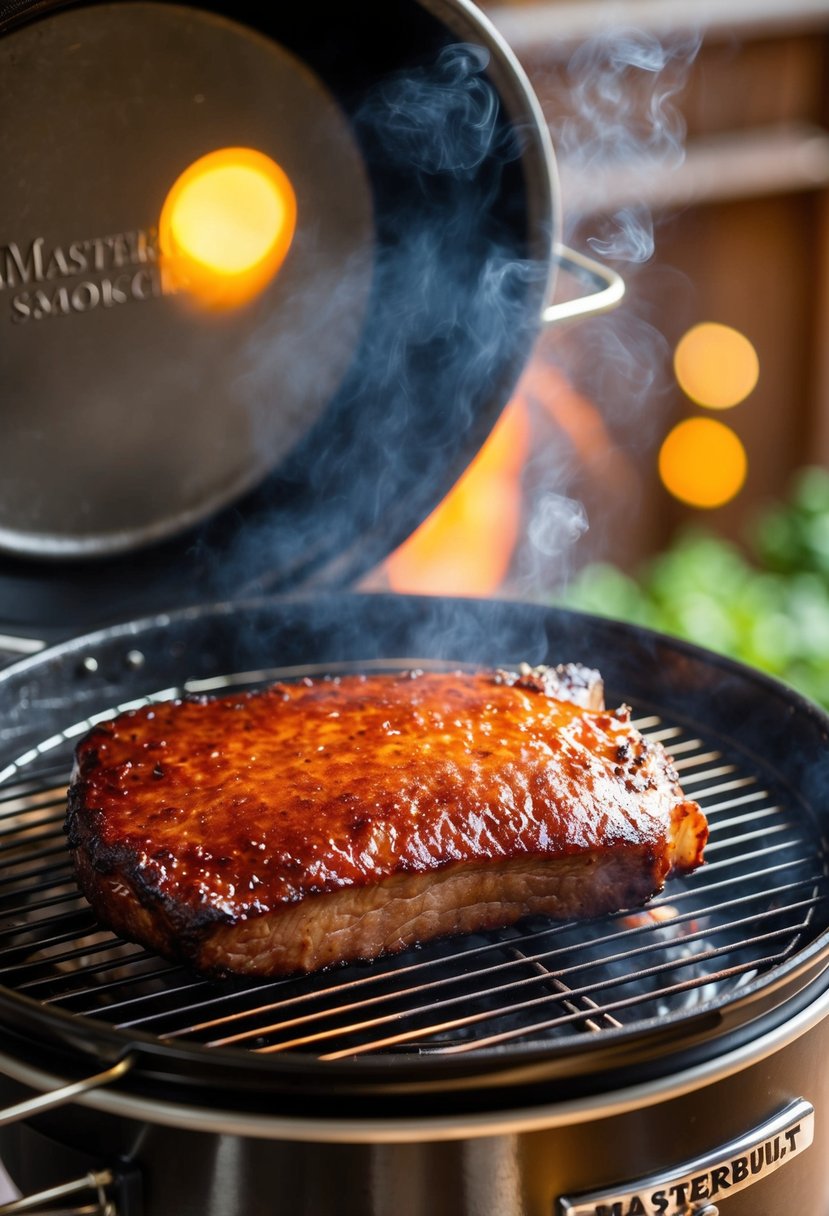 A succulent honey glazed smoked brisket sizzling on a Masterbuilt electric smoker