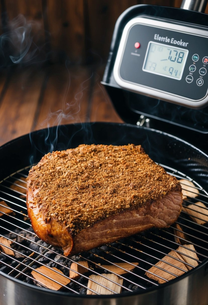 A brisket covered in coffee rub sits on a smoker rack, surrounded by wood chips, with the electric smoker's digital display in the background