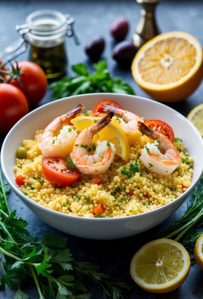 A vibrant bowl of citrus shrimp couscous surrounded by Mediterranean ingredients like olives, tomatoes, and fresh herbs