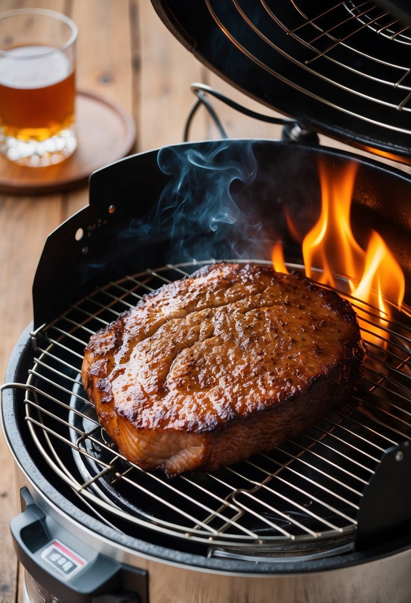 A juicy brisket smoking in an electric smoker, infused with the rich aroma of maple and bourbon