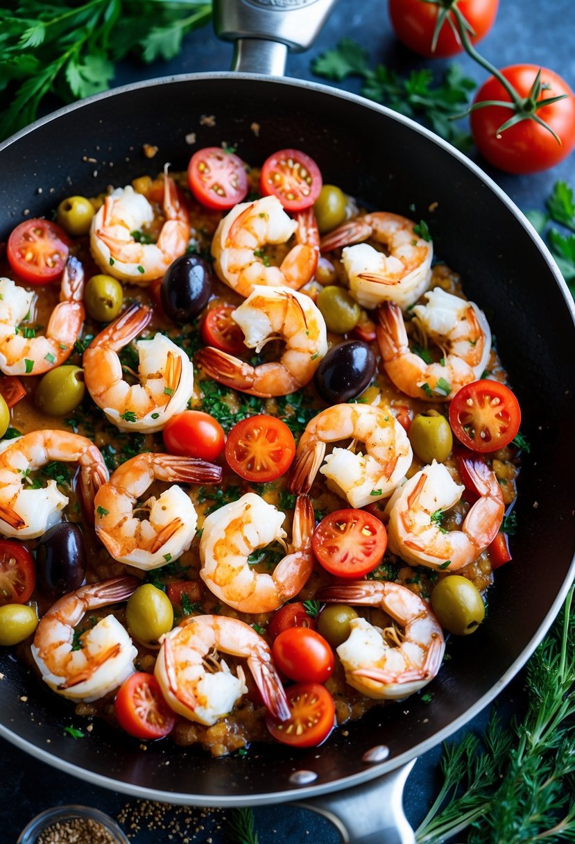 A sizzling skillet of shrimp, olives, and tomatoes, surrounded by vibrant Mediterranean herbs and spices