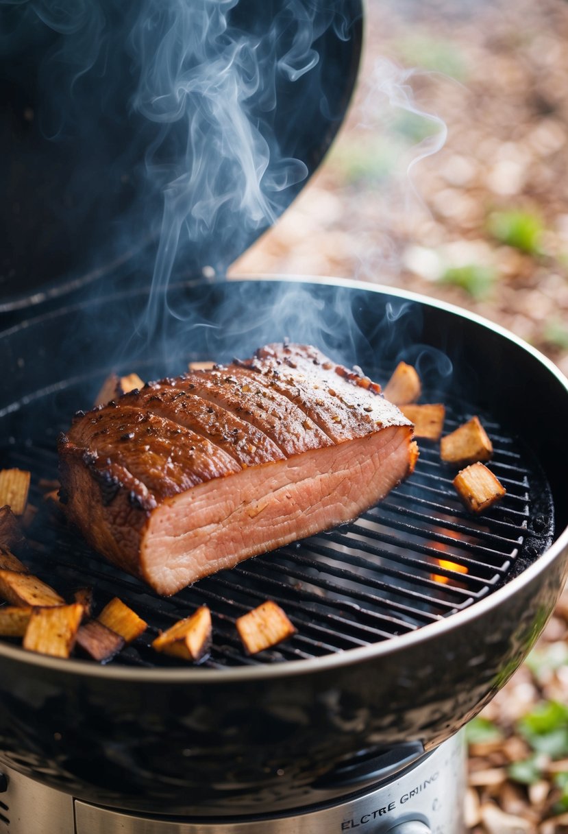 A thick-cut brisket sizzling on a smoking electric grill, surrounded by aromatic wood chips and a hint of charred edges