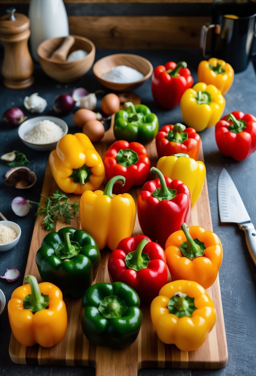 Fresh bell peppers arranged on a wooden cutting board with a variety of ingredients and utensils scattered around