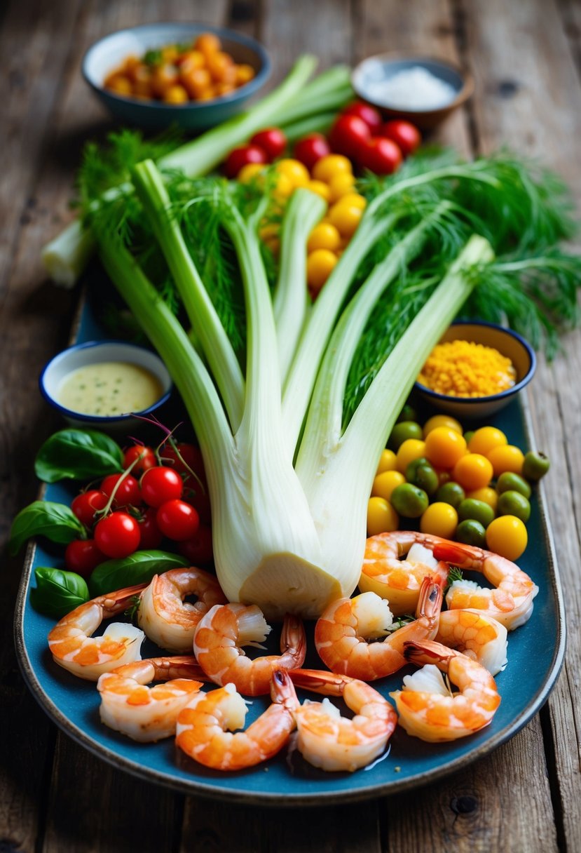 A colorful array of fresh fennel, plump shrimp, and vibrant Mediterranean ingredients arranged on a rustic wooden table