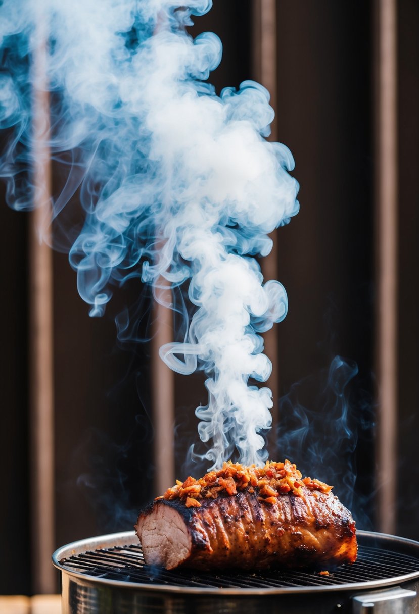 A plume of smoke rises from the electric smoker, enveloping the spicy chipotle brisket as it slowly cooks to tender perfection