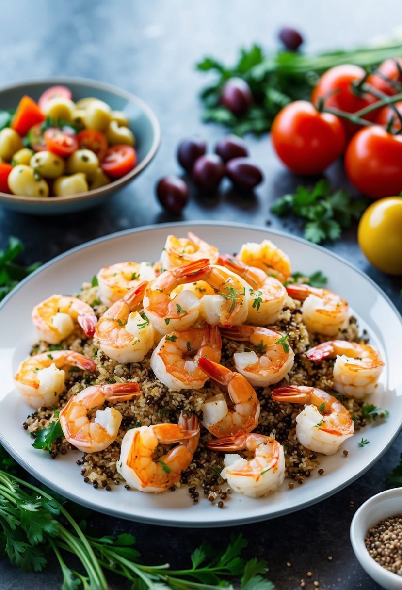 A platter of herbed shrimp and quinoa surrounded by Mediterranean ingredients like olives, tomatoes, and fresh herbs