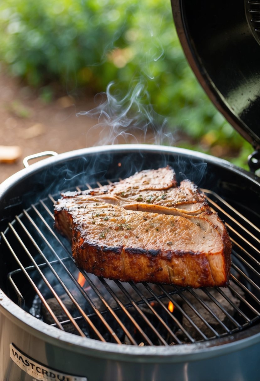 A thick cut of applewood smoked brisket sizzling on the grates of a Masterbuilt electric smoker. The aroma of smoky, savory meat fills the air