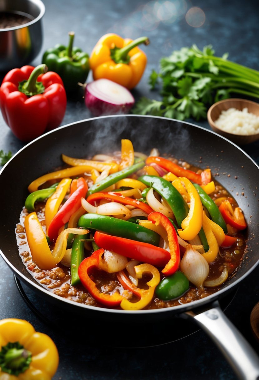 A sizzling stir-fry pan with colorful bell peppers, onions, and other vegetables cooking in a flavorful sauce