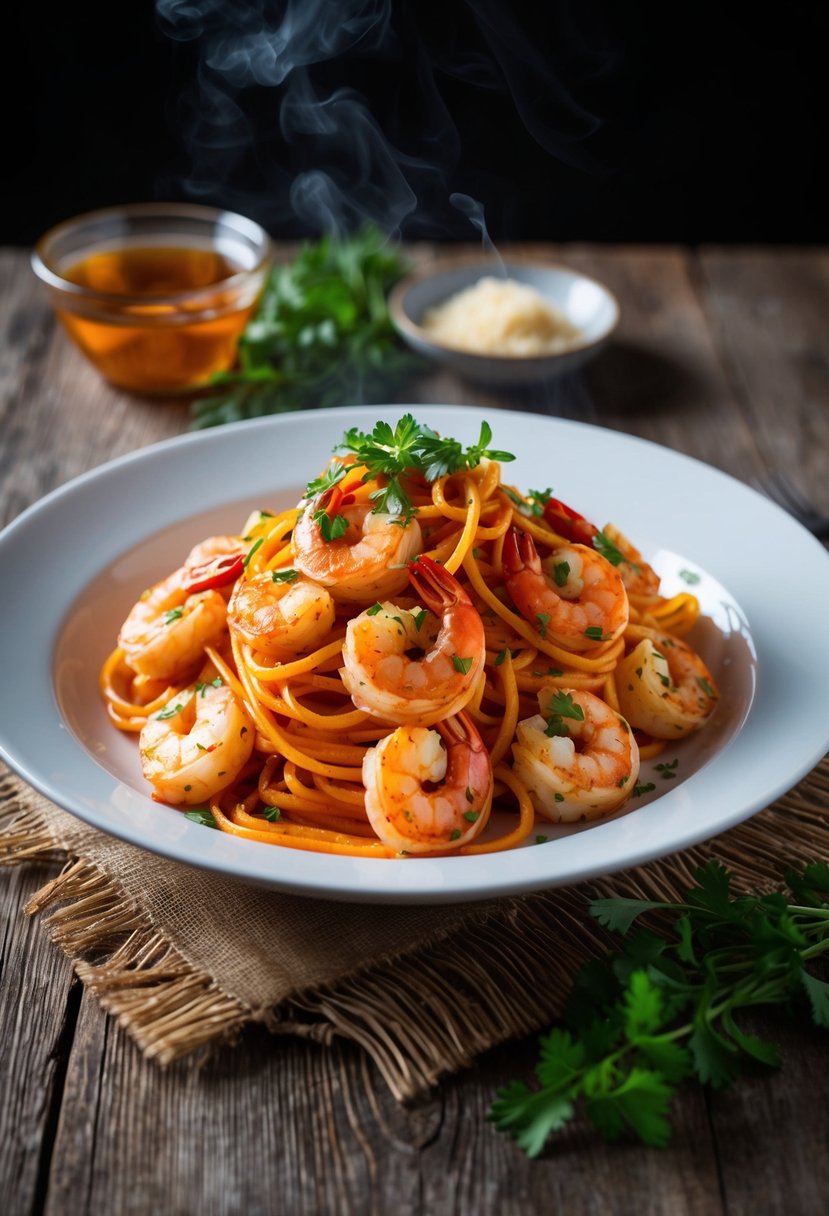 A steaming plate of roasted red pepper shrimp pasta, garnished with fresh herbs and served on a rustic wooden table