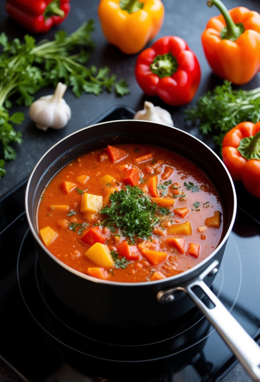 A pot of red pepper soup simmers on a stove, surrounded by fresh bell peppers, garlic, and herbs