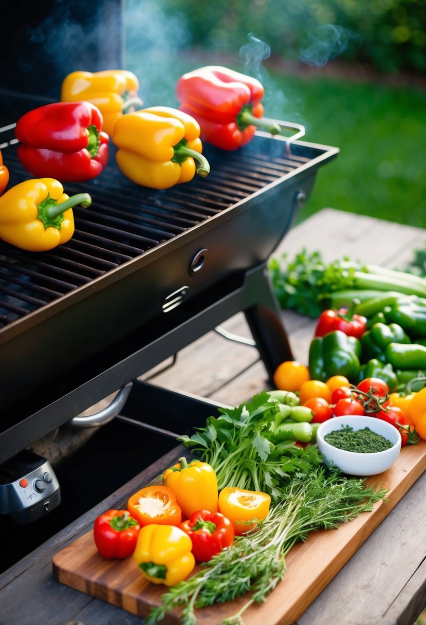 Fresh bell peppers being grilled on a barbecue, with a colorful array of vegetables and herbs arranged on a wooden cutting board nearby