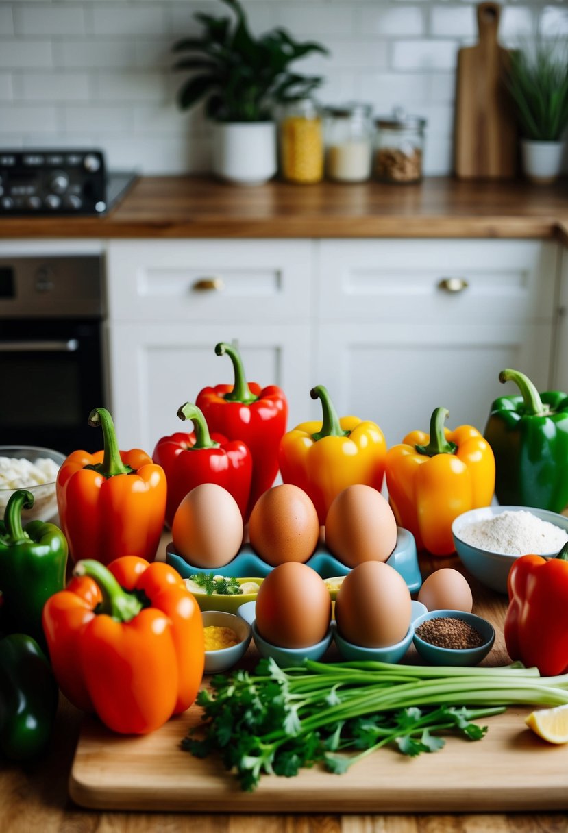 A colorful array of bell peppers, eggs, and various ingredients arranged on a kitchen counter for a bell pepper frittata recipe