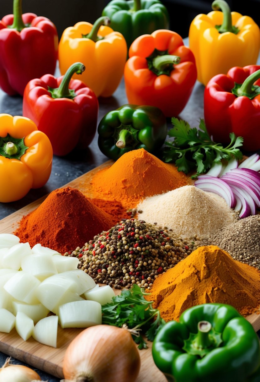 A colorful array of bell peppers, onions, and spices arranged on a cutting board, ready to be chopped and mixed for sweet pepper relish