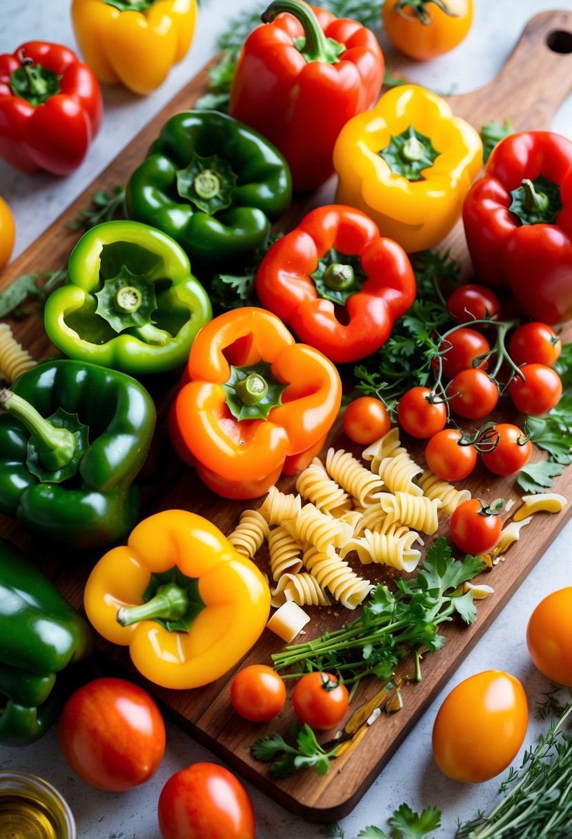 A colorful array of bell peppers, tomatoes, and pasta arranged on a wooden cutting board, surrounded by fresh herbs and a drizzle of olive oil